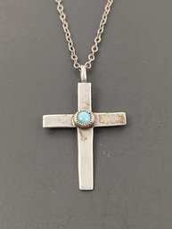 VINTAGE ZUNI NATIVE AMERICAN STERLING SILVER TURQUOISE CROSS PENDANT NECKLACE