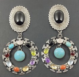 LARGE VINTAGE NATIVE AMERICAN SIGNED 'S' STERLING SILVER MULTI STONE EARRINGS