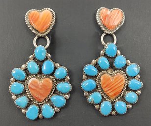 VINTAGE NAVAJO NATIVE AMERICAN NATHANIEL & ROSEMARY NEZ STERLING SILVER TURQUOISE SPINY OYSTER HEART EARRINGS