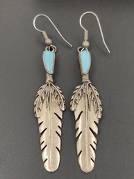 VINTAGE NAVAJO NATIVE AMERICAN TED OTT STERLING SILVER TURQUOISE FEATHER DANGLE EARRINGS