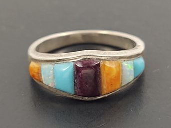 VINTAGE NATIVE AMERICAN STERLING SILVER MULTI STONE RING