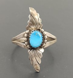 VINTAGE NAVAJO NATIVE AMERICAN SIGNED 'BS' STERLING SILVER TURQUOISE FEATHER RING