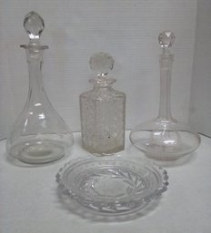 4 Showy Vintage Glassware Pieces Include 3 Decanters & Dish          C5