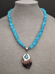 VINTAGE NAVAJO NATIVE AMERICAN ELAINE SAM STERLING SILVER TURQUOISE BEAR CLAW NECKLACE