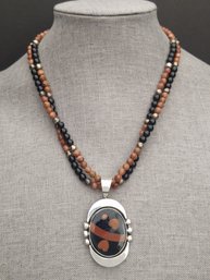 VINTAGE NAVAJO NATIVE AMERICAN IRV MONTE STERLING SILVER INLAID GOLDSTONE HEARTS BEADED NECKLACE