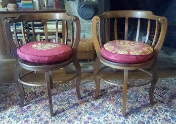 Rare Pair Of Vintage Wood Round Back Chairs With Separate Cushions