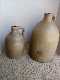 Two Stoneware Handled Crocks In Putty Color Are Perfect Antiques - F T Wright & Son, Taunton, Mass