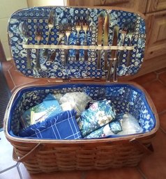 Lined Picnic Basket, Silver Plate,  Vinyl Tablecloth, 2 Woven Napkins, Paper Goods & Plastic Plates, Utensils
