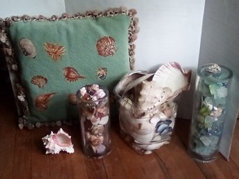 Fantastic Seashell & Collectible Stones & Sea Glass Collection Plus Seashell Motif Throw Pillow
