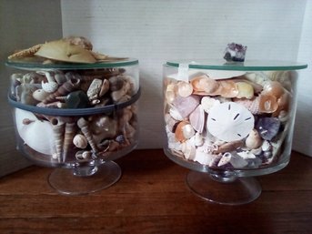Fantastic Seashell & Collectible Stones Collection In Beautiful Glass Footed Bowls With Embellished Glass Lids