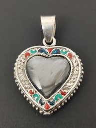 VINTAGE STERLING SILVER ENAMEL HEART PENDANT W/ ETCHED BACK