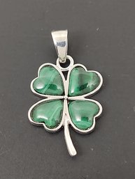 VINTAGE STERLING SILVER MALACHITE 4 LEAF CLOVER PENDANT