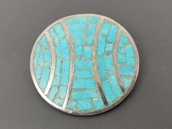 VINTAGE MEXICAN STERLING SILVER MOSAIC TURQUOISE BROOCH / PENDANT