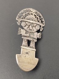 VINTAGE STERLING SILVER PRE COLUMBIAN STYLE AZTEC GOD IDOL BROOCH / PENDANT