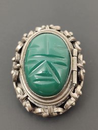 VINTAGE MEXICAN STERLING SILVER CARVED GREEN ONYX FACE LOCKET BROOCH