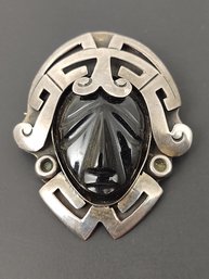 VINTAGE MEXICAN STERLING SILVER CARVED HAWKS EYE STONE FIGURAL BROOCH / PENDANT