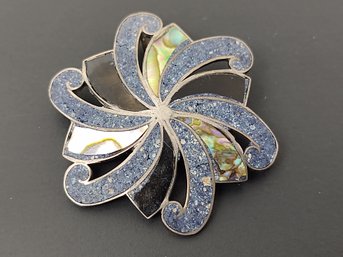 VINTAGE MEXICAN STERLING SILVER MULTI STONE PINWHEEL BROOCH / PENDANT