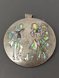 VINTAGE MEXICAN STERLING SILVER ABALONE DANCING FIGURES BROOCH / PENDANT