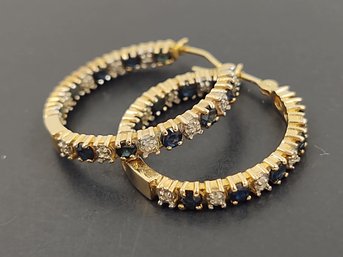 BEAUTIFUL INTAGE 14K GOLD DIAMOND & BLUE SAPPHIRE HOOPED EARRINGS