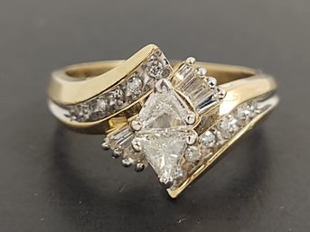 VINTAGE 10K GOLD DOUBLE TRILLION CUT DIAMOND RING