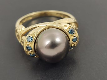 ABSOLUTELY AMAZING 14K GOLD NATURAL TAHETIAN PEARL & BLUE DIAMOND RING