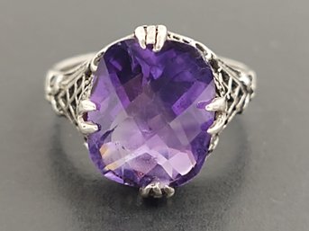 ANTIQUE ART DECO STERLING SILVER FILIGREE AMETHYST RING