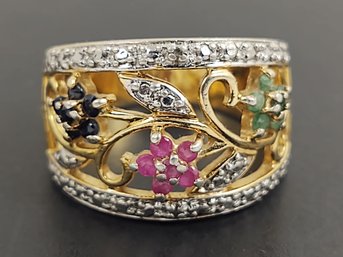 STUNNING GOLD OVER STERLING SILVER RUBY EMERALD BLUE SAPPHIRE & DIAMOND FLOWER RING