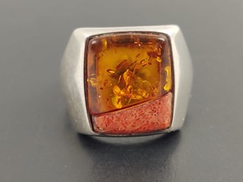 VINTAGE STERLING SILVER AMBER & SPONGE CORAL RING