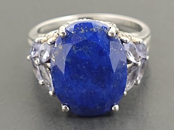 STERLING SILVER FACETED LAPIS TANZANITE & DIAMOND RING