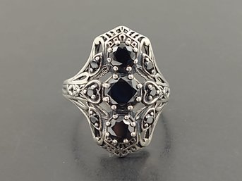 VINTAGE STERLING SILVER FILIGREE BLACK GLASS ART DECO STYLE RING