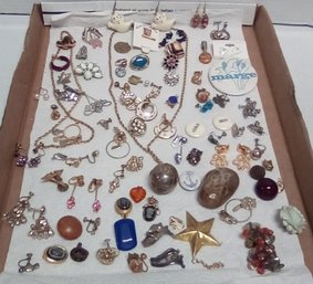 Jewelry  Lot 80 Items Includes Unmatched Earrings For Crafts, Pins, Metal Sphere Chime Necklace & More TA/E3