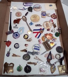 Vintage Curios Lot - 59 Pieces With Pins, Charms, Novelties, Tacs, Money Clip, Commemorative Pieces  TA/E4