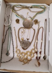 Beautiful Vintage Jewelry Long Chains, Lockets, Multicolour 4 Layered Chain With Sea Shell Locket.  TA  D2