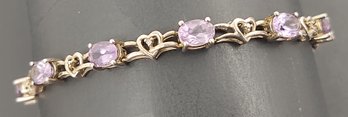 VINTAGE STERLING SILVER AMETHYST & TINY DIAMOND BRACELET WITH HEARTS