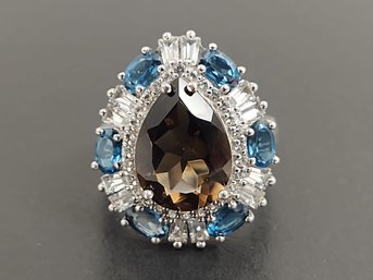 STUNNING STERLING SILVER SMOKY QUARTZ BLUE & WHITE TOPAZ RING