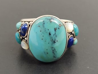 VINTAGE SOUTHWESTERN STYLE STERLING SILVER TURQUOISE LAPIS & MOONSTONE RING