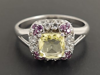 BEAUTIFUL STERLING SILVER CITRINE RUBY & WHITE TOPAZ RING