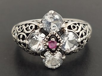 BEAUTIFUL STERLING SILVER FILIGREE WHITE TOPAZ & RUBY RING