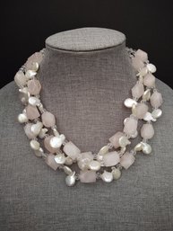 STERLING SILVER ROZE QUARTZ & BAROQUE BUTTON PEARL TRIPLE STRAND NECKLACE