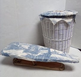 ' Hostess Sleeve Board' & Coordinated Pattern Lined Vintage Wicker Lidded Hamper LizS/CVBK