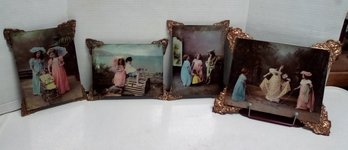 4 Gorgeous Victorian Image Prints Imposed On Back Side Of Glass With Ornate Frames     AM/C3