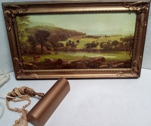 Pastoral Scene Print In Decorative Wood Frame With Separate Gallery Light    LizS/WA-A