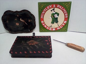 Hand Painted Tole Crumb Catcher & Hanging Tray, Huntley & Palmer Sign, Crystal Ice Co. Ice Pick  LizS/D4