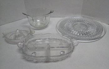 4 Piece Glass Lot - Pressed Glass Juicer, Footed Etched Divided Dish, Platter, 2.5 Pint Pyrex Bowl  LizS/D3