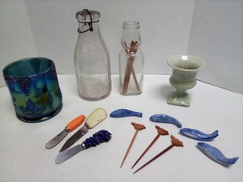 14 Piece Vintage Lot Bordens Bottle, Carnival Glass, Ceramic Items, Wood Carved Bird Pics, Vase  Liz D4