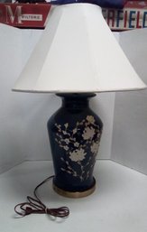 Vintage Blue Ceramic Lamp With White Resin  Floral Relief Spray On Front - Brass Colored Base  MELBA/CVBK