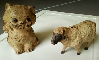 Two Antique Cast Iron With Original Paint Animal Banks - Cat & Sheep - Collector's Delight