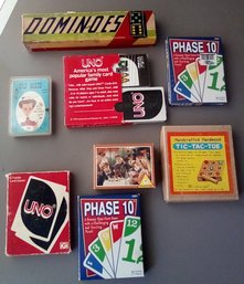 Hardwood Tic-Tac-Toe,  Platnik Mini Renoir Puzzle, Dominoes By Halsam, 2 Uno Games, 2 Phase 10, & Old Maid