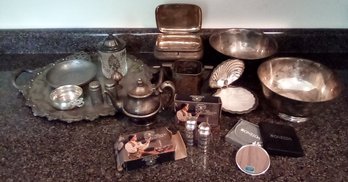 20 Silverplate, Pewter & Metal Lot - Paul Revere Reproduction Bowls, Tray, Oneida Mirrror, S & P & More