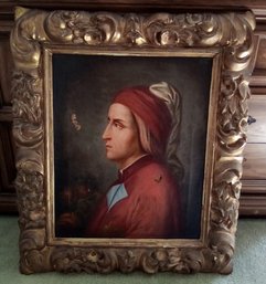 Antique Elaborate Carved Picture Frame &  Oil On Canvas Painting Showing Person Holding Flowers